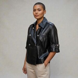 INC‎ Crinkled Black Leather Cropped Trench Moto Jacket Small